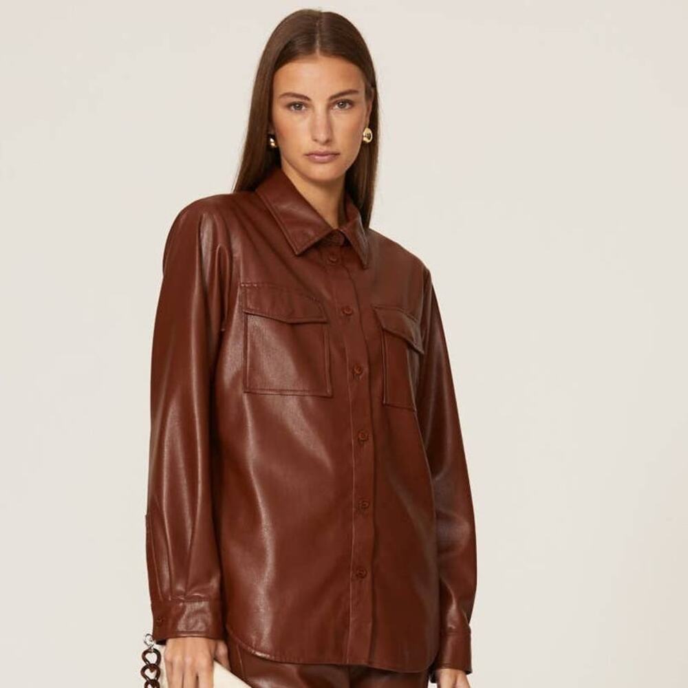 Anine Bing Hutton Shirt Faux Leather Front Button Brown M